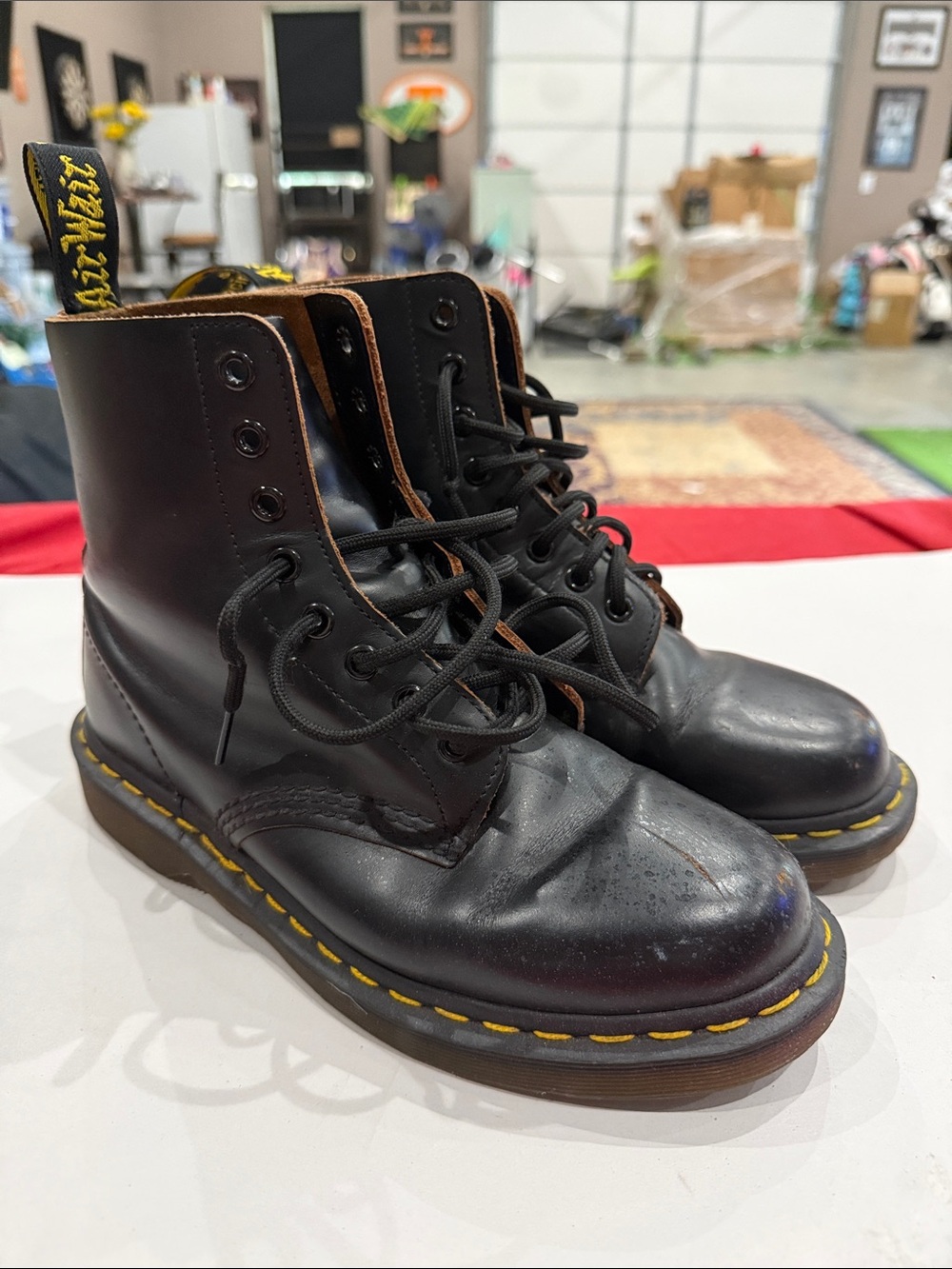Dr. Martens Black Leather 8-Eye Lace-Up Boots with Yellow Stitching